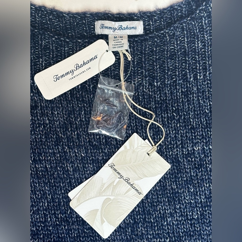 Tommy Bahama Wool Blend Shimmer Ballon Sleeve Island Navy Sweater size Med. NWT - Picture 4 of 11